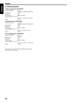 Page 48Referenz
45
7Satellitenlautsprecher
Vordere Lautsprecher (SP-THS55F)
Lautsprechereinheit: 8,0 cm
Bassreflex, magnetisch abgeschirmt
Belastbarkeit: 140 W
Impedanz: 4 C
Frequenzgang: 80 Hz bis 20 kHz
Abmessungen (B M H M T):
106 mm M 119,5 mm M 102 mm
Masse: 0,51 kg
Centerlautsprecher (SP-THS55C)
Lautsprechereinheit: 5,5 cm M 2
Bassreflex, magnetisch abgeschirmt
Belastbarkeit: 140 W
Impedanz: 4 C
Frequenzgang: 80 Hz bis 20 kHz
Abmessungen (B M H M T):
209 mm M 85 mm M 92 mm
Masse: 0,85 kg...