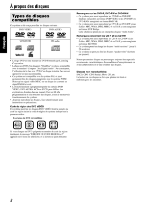 Page 513
À propos des disques
Ce système a été conçu pour lire les disques suivants :
• Le logo DVD est une marque de DVD Format/Logo Licensing 
Corporation.
• La face non DVD d’un disque à “DualDisc” n’est pas compatible 
avec le standard “Compact Disc Digital Audio”. Par conséquent, 
l’utilisation de la face non DVD d’un disque à double face sur cet 
appareil n’est pas recommandée.
• Ce système est compatible avec le système PAL et peut 
également lire des disques enregistrés avec le système NTSC. 
Notez...