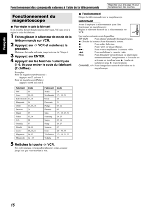 Page 63Fonctionnement des composants externes à l’aide de la télécommande
15
7Pour régler le code du fabricant
Il est possible de faire fonctionner un téléviseur JVC sans avoir à 
régler le code du fabricant.
1Faites glisser le sélecteur de mode de la 
télécommande sur VCR.
2Appuyez sur   VCR et maintenez la 
pression.
Maintenez la touche enfoncée jusqu’au terme de l’étape 4.
3Appuyez sur ENTER.
4Appuyez sur les touches numériques 
(1-9, 0) pour entrer le code du fabricant 
(2 chiffres).
Exemples :
Pour un...