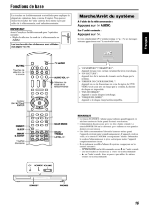 Page 6416
Fonctions de base
IMPORTANT
Avant d’employer la télécommande pour l’opération 
suivante :
• Réglez le sélecteur de mode de la télécommande sur 
AUDIO.À l’aide de la télécommande :
Appuyez sur   AUDIO.
Sur l’unité centrale :
Appuyez sur  .
Si vous sélectionnez DVD comme source (Ap. 17), les messages 
suivants apparaissent sur l’écran du téléviseur.
REMARQUE
• Le témoin STANDBY sallume quand sallume quand lappareil est 
mis hors tension et séteint quand il est mis sous tension.
• Lalimentation du...