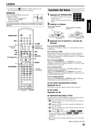 Page 6820
Lecture
• Les icônes tels que   indiquent les formats de disque ou les 
types de fichier disponibles pour les opérations.
IMPORTANT
Avant d’employer la télécommande pour 
l’opération suivante :
1 Réglez le sélecteur de mode de la 
télécommande sur AUDIO.
2 Appuyez sur DV D.1Appuyez sur OPEN/CLOSE.
• Le système s’allume, et le tiroir pour 
disque s’ouvre.
•0 sur lunité centrale peut aussi être 
utilisé.
2Insérez un disque.
3Appuyez sur la touche 3 (touche de 
lecture).
Pour les fichiers MP3/WMA
Le...