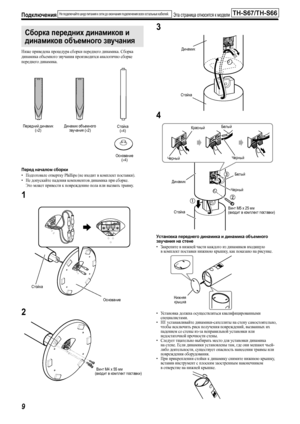 Page 12Подключения
9
Эта страница относится к модели  Не подключайте шнур питания к сети до окончания подключения всех остальных кабелей.
Ниже приведена процедура сборки переднего динамика. Сборка 
динамика объемного звучания производится аналогично сборке 
переднего динамика.
Перед началом сборки
•Подготовьте отвертку Phillips (не входит в комплект поставки).
•Не допускайте падения компонентов динамика при сборке. 
Это может привести к повреждению пола или вызвать травму.
1
23
4
Установка переднего динамика и...