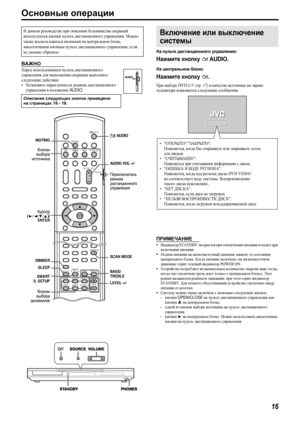 Page 1916
Основные операции
ВАЖНО
Перед использованием пульта дистанционного 
управления для выполнения операции выполните 
следующие действия:
•Установите переключатель режима дистанционного 
управления в положение 
AUDI O.
На пульте дистанционного управления:
Нажмите кнопку  AUDIO.
На центральном бло ке:
Нажмите кнопку .
При выборе DVD (Aстр.17) в качестве источника на экране 
телевизора появляются следующие сообщения.
ПРИМЕЧАНИЕ
•Индикатор STANDBY загорается при отключении питания и гаснет при 
включении...