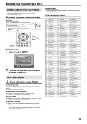 Page 3936
Настройка параметров DVD
•Можно менять язык, используемый в меню настройки. 
См. Описание меню ниже.
Основные операции в меню настройки
ВАЖНО
Перед использованием пульта дистанционного 
управления для выполнения операций выполните 
следующие действия:
1Ус т а н о в и т е переключатель режима 
дистанционного управления в положение 
AU DI O.
2Нажмите кнопку DV D.
7В режиме останова
1Нажмите кнопку SET UP.
2Следуйте инструкциям, появляющимся 
на экране телевизора.
: Меню настройки языка (ЯЗЫК)
7МЕНЮ...