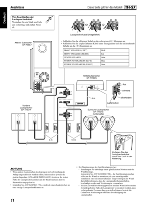 Page 14Anschlüsse
11
Deutsch
ACHTUNG
• Wenn andere Lautsprecher als diejenigen im Lieferumfang der Anlage angeschlossen werden sollen, müssen diese jeweils die 
gleiche Impedanz (SPEAKER IMPE DANCE) besitzen, die in der 
Nähe der Lautsprecherklemmen an der Rückwand des aktiven 
Subwoofers angegeben ist.
 Schließen Sie AUF KEINEN FALL mehr als einen Lautsprecher an  eine einzige Lautsprecherklemme an.  Bei Wandmontage der Satellitenlautsprecher:
Beauftragen Sie unbedingt einen 
qualifizierten Monteur mit der...