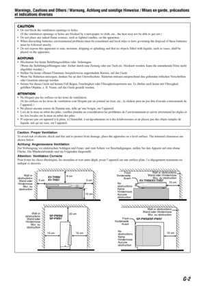 Page 3Warnings, Cautions and Others / Warnung, Achtung und sonstige Hinweise / Mises en garde, précautions 
et indications diverses
G-2
CAUTION
 Do not block the ventilation openings or holes.
(If the ventilation openings or holes are blocked by a newspaper or cloth, etc., the heat may not be able to get out.)
 Do not place any naked flame sources, such as lighted candles, on the apparatus.
 When discarding batteries, environmental problems must be considered and local rules or laws governing the disposal...