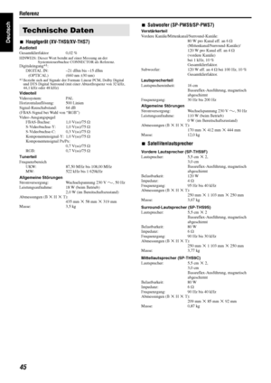 Page 48Referenz
45
Deutsch7Hauptgerät (XV-THS9/XV-THS7)
Audioteil
Gesamtklirrfaktor 0,02 %
HINWEIS: Dieser Wert beruht auf einer Messung an der 
Systemsteuerbuchse CONNECTOR als Referenz.
Digitaleingang*1:
DIGITAL IN: –21 dBm bis –15 dBm
(OPTICAL) (660 nm E30 nm)
*1Bezieht sich auf Signale der Formate Linear PCM, Dolby Digital 
und DTS Digital Surround (mit einer Abtastfrequenz von 32 kHz, 
44,1 kHz oder 48 kHz)
Videoteil
Videosystem: PAL
Horizontalauflösung: 500 Linien
Signal-Rauschabstand: 64 dB
(FBAS-Signal...