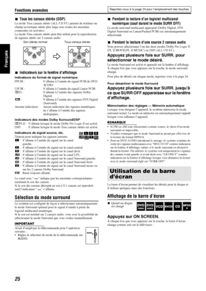 Page 74Fonctions avancées
25
Français
7Tous les canaux stéréo (DSP)
Le mode Tous canaux stéréo (ALL CH ST.) permet de restituer un 
champ acoustique stéréo plus large avec toutes les enceintes 
connectées (et activées).
Le mode Tous canaux stéréo peut être utilisé pour la reproduction 
de signaux stéréo sur 2 canaux audio.
7Indicateurs sur la fenêtre d’affichage
Indicateurs du format de signal numérique
PPCM : S’allume à l’entrée du signal PCM de DVD 
AUDIO.
LPCM : S’allume à l’entrée du signal Linear PCM.
GD :...