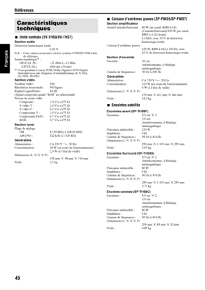 Page 94Références
45
Français
7Unité centrale (XV-THS9/XV-THS7)
Section audio
Distorsion harmonique totale
0,02 %
N.B. :  Cette valeur est mesurée selon le système CONNECTOR à titre 
de référence.
Entrée numérique*1 :
DIGITAL IN : –21 dBm à –15 dBm
(OPTICAL) (660 nm E30 nm)
*1Correspondant à Linear PCM, Dolby Digital et DTS Digital 
Surround (avec une fréquence d’échantillonnage de 32 kHz, 
44,1 kHz, 48 kHz)
Section vidéo
Système vidéo : PAL
Résolution horizontale :  500 lignes
Rapport signal/bruit :  64 dB...