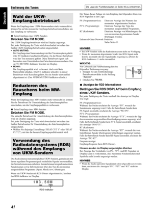 Page 44Bedienung des Tuners
41
Deutsch
Wenn der Empfang eines UKW-Stereosenders stark verrauscht ist, 
können Sie auf die monaurale Empfangsbetriebsart umschalten, um 
den Empfang zu verbessern.
7Beim Empfang eines UKW-Senders
Drücken Sie FM MODE.
Die UKW-Empfangsbetriebsart wird im Display angezeigt.
Bei jeder Betätigung der Taste wird abwechselnd zwischen den 
beiden UKW-Empfangsbetriebsarten umgeschaltet.
 AUTO MUTING:
Bei Empfang einer Stereosendung wird der Ton stereophon gehört. 
(Der ST-Indikator...