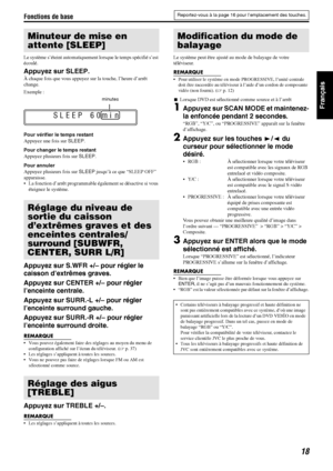 Page 67Fonctions de base
18
Français
Le système s’éteint automatiquement lorsque le temps spécifié s’est 
écoulé.
Appuyez sur SLEEP.
À chaque fois que vous appuyez sur la touche, l’heure d’arrêt 
change.
Exemple :
Pour vérifier le temps restant
Appuyez une fois sur SLEEP.
Pour changer le temps restant
Appuyez plusieurs fois sur SLEEP.
Pour annuler
Appuyez plusieurs fois sur SLEEP jusqu’à ce que “SLEEP OFF” 
apparaisse.
 La fonction d’arrêt programmable également se désactive si vous 
éteignez le système....