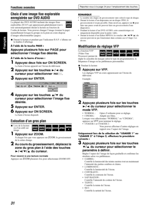 Page 80Fonctions avancées
31
Français
Choix d’une image fixe explorable 
enregistrée sur DVD AUDIO
La plupart des DVD AUDIO incluent des images fixes 
explorables (B.S.P.) qui apparaissent généralement tour à 
tour automatiquement durant la lecture en fonction de 
l’ordre de lecture. Vous pouvez changer l’image (tourner la page) 
manuellement lorsque le groupe ou la piste en cours dispose 
d’images sélectionnables (pages).
7Durant la lecture et pendant que l’indicateur B.S.P. s’allume sur 
la fenêtre...