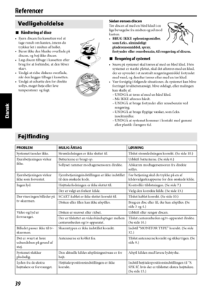 Page 12439
Referencer
7Håndtering af disce
• Fjern discen fra kassetten ved at 
tage rundt om kanten, imens du 
trykker let i midten af hullet.
• Berør ikke den blanke overflade på 
discen, og bøj ikke discen.
• Læg discen tilbage i kassetten efter 
brug for at forhindre, at den bliver 
skæv.
• Undgå at ridse diskens overflade, 
når den lægges tilbage i kassetten. 
• Undgå at udsætte den for direkte 
sollys, meget høje eller lave 
temperaturer og fugt.Sådan renses discen 
Tør discen af med en blød klud i en...