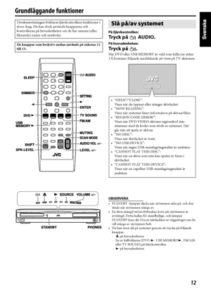 Page 1712
Grundläggande funktioner
På fjärrkontrollen:
Tr yc k  p å    AU D IO.
På huvudenheten:
Tr yc k  p å   .
När DVD eller USB MEMORY är vald som källa (se sidan 
13) kommer följande meddelande att visas på TV-skärmen.
OBSERVERA
• STANDBY -lampan släcks när strömmen sätts på, och den 
tänds när strömmen stängs av.
• En liten mängd ström förbrukas även när strömmen är 
avstängd. Detta kallas för standbyläge, och lampan 
STANDBY lyser då. Dra ur nätsladden ur vägguttaget om du 
vill stänga av strömmen helt....