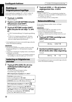 Page 2015
Grundläggande funktioner
Ändra högtalarplaceringsläget till “S. SPK R” endast vid 
anslutning av alternativa högtalare (se sidan 7 och 8).
1Tr yc k  p å    AU D I O.
Systemet stängs av.
2Tryck in och håll SETTING intryckt 
tillsammans med SHIFT.
Aktuell inställning visas i teckenfönstret.
3Tryck på SETTING medan SHIFT 
hålls intryckt för att välja “S. SPK 
R”.
• S. SPK F (Initialinställning): För högtalaruppställning 
A.
• S. SPK R: För högtalaruppställning 
B. Välj detta 
endast när alternativa...