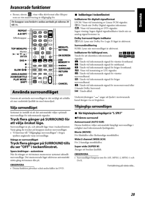 Page 2520
Avancerade funktioner
• Ikoner, såsom  , visar vilka skivformat eller filtyper 
som en viss manövrering är tillgänglig för.
Genom att använda surroundläget är det möjligt att erhålla 
ett mer realistiskt ljudfält än med stereoljud.
Välja surroundläget
Systemet är inställt så att det automatiskt väljer optimalt 
surroundläge för inkommande signaler.
Tryck flera gånger på SURROUND för 
att välja önskat läge.
Surroundläget är på, och aktuellt läge visas i teckenfönstret.
Varje gång du trycker på knappen...