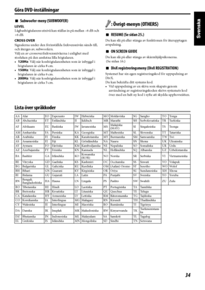 Page 3934
Göra DVD-inställningar
7Subwoofer-meny (SUBWOOFER)
LEVEL
Lågbashögtalarens utnivå kan ställas in på mellan –6 dB och 
+6 dB.
CROSS OVER
Signalerna under den förinställda frekvensnivån sänds till, 
och återges av, subwoofern.
Välj en av crossoverfrekvensnivåerna i enlighet med 
storleken på den anslutna lilla högtalaren.
•120Hz: Välj när konhögtalarenheten som är inbyggd i 
högtalaren är cirka 8 cm.
•150Hz: Välj när konhögtalarenheten som är inbyggd i 
högtalaren är cirka 6 cm.
•200Hz: Välj när...