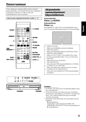 Page 5712
Yhteiset toiminnot
Kaukosäätimellä:
Paina AUDIO.
Keskusyksikössä:
Paina .
Kun lähteeksi on valittu DVD tai USB MEMORY (katso 
sivu 13), seuraavat ilmoitukset näkyvät TV:n kuvaruudulla.
HUOMAA
• STANDBY -valo sammuu kun virta kytketään päälle ja syttyy 
kun virta katkaistaan.
• Virtaa kuluu hieman myös silloin, kun virta on katkaistu. 
Tätä kutsutaan valmiustilaksi, ja STANDBY -valo palaa tässä 
tilassa. Virta voidaan katkaista kokonaan irrottamalla 
virtajohto pistorasiasta.
• Järjestelmä voidaan...