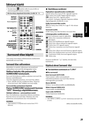 Page 6520
Edistynyt käyttö
• Kuvake kuten   näyttää mille levymuodoille tai 
tiedostotyypeille toiminto soveltuu.
Voit nauttia stereoääntä realistisemmasta äänikentästä 
käyttämällä surround-tilaa.
Surround-tilan valitseminen
Järjestelmä on asetettu valitsemaan automaattisesti 
optimaalinen surround-tila tulosignaaleja varten.
Valitse haluttu tila painamalla 
SURROUND toistuvasti.
Surround-tila kytkeytyy päälle ja nykyinen surround-tila 
ilmestyy näyttöikkunaan.
Aina kun näppäintä painetaan, surround-tila...