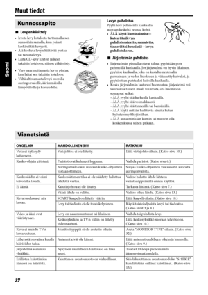 Page 8439
Muut tiedot
7Levyjen käsittely
• Irrota levy kotelosta tarttumalla sen 
reunoihin samalla, kun painat 
keskireikää kevyesti.
• Älä kosketa levyn kiiltävää pintaa 
tai taivuta levyä.
• Laita CD-levy käytön jälkeen 
takaisin koteloon, niin se ei käyristy.
• Varo naarmuttamasta levyn pintaa, 
kun laitat sen takaisin koteloon. 
• Vältä altistamasta levyä suoralle 
auringonvalolle, äärimmäisille 
lämpötiloille ja kosteudelle.Levyn puhdistus 
Pyyhi levy pehmeällä kankaalla 
suoraan keskeltä reunaa kohti....