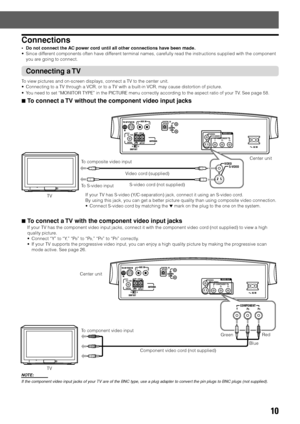 Page 1310
Connections
•Do not connect the AC power cord until all other connections have been made.
• Since different components often have different terminal names, carefully read the instructions supplied with the component
you are going to connect.
Connecting a TV
To view pictures and on-screen displays, connect a TV to the center unit.
• Connecting to a TV through a VCR, or to a TV with a built-in VCR, may cause distortion of picture.
• You need to set “MONITOR TYPE” in the PICTURE menu correctly according...