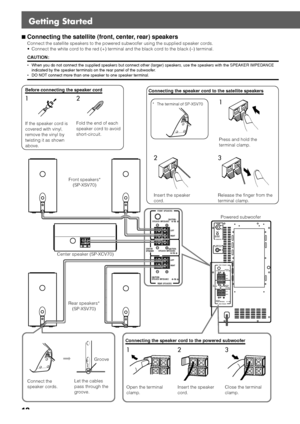 Page 1613
Getting Started
7Connecting the satellite (front, center, rear) speakers
Connect the satellite speakers to the powered subwoofer using the supplied speaker cords.
• Connect the white cord to the red (+) terminal and the black cord to the black (–) terminal.
CAUTION:
•When you do not connect the supplied speakers but connect other (larger) speakers, use the speakers with the SPEAKER IMPEDANCE
indicated by the speaker terminals on the rear panel of the subwoofer.
•DO NOT connect more than one speaker to...