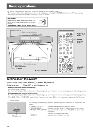 Page 2421
Basic operations
This section mainly explains operations commonly used when you enjoy this system.
• This manual mainly explains operations when the center unit is placed vertically (the DISP.SET selector is set to “V”) as an example.
• Turn also on your TV and select the correct input mode on the TV.
IMPORTANT:
When using the remote control, check to see if its
remote control mode selector is set to the correct
position:
To operate this system, set it to “AUDIO/TV/VCR.”AUDIO/
TV/VCR
CATV/DBS
Turning...