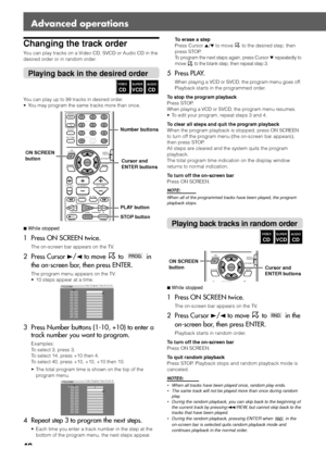 Page 5249
Advanced operations
Changing the track order
You can play tracks on a Video CD, SVCD or Audio CD in the
desired order or in random order.
Playing back in the desired order
You can play up to 99 tracks in desired order.
• You may program the same tracks more than once.
7While stopped
1 Press ON SCREEN twice.
The on-screen bar appears on the TV.
2 Press Cursor  3/2  to move  to PROG. in
the on-screen bar, then press ENTER.
The program menu appears on the TV.
• 10 steps appear at a time.
3 Press Number...