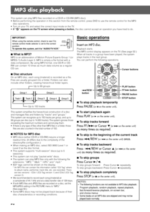 Page 5451
MP3 disc playback
IMPORTANT:
When using the remote control, check to see if its
remote control mode selector is set to the correct
position:
To operate this system, set it to “AUDIO/TV/VCR.”
7What is MP3?
MP3 is an abbreviation of Motion Picture Experts Group 1 (or
MPEG-1) Audio Layer 3. MP3 is simply a file format with a
data compression. By using MP3 format, one CD-R or CD-
RW can contain 10 times as much data volume as a regular
CD can.
7Disc structure
On an MP3 disc, each song (material) is...