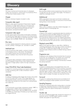 Page 7875
Glossary
Aspect ratio
The ratio of vertical and horizontal sizes of a displayed
image. The horizontal vs. vertical ratio of conventional TVs is
4:3, and that of wide-screens is 16:9.
Chapter
Refers to individual chapters included in a title.
Composite video signal
Refers to video signal comprised of three kinds of signals
combined: an image signal made up of luminance and
chrominance signals using the frequency multiplication
technique; burst signal providing the basis for color
reproduction; and...