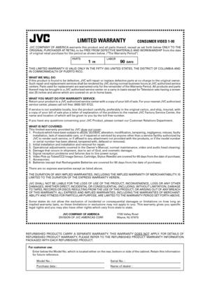 Page 83THIS LIMITED WARRANTY IS VALID ONLY IN THE FIFTY (50) UNITED STATES, THE DISTRICT OF COLUMBIA AND
IN COMMONWEALTH OF PUERTO RICO.
WHAT WE WILL DO:
If this product is found to be defective, JVC will repair or replace defective parts at no charge to the original owner.
Such repair and replacement services shall be rendered by JVC during normal business hours at JVC authorized service
centers. Parts used for replacement are warranted only for the remainder of the Warranty Period. All products and parts...