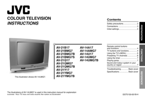 Page 1COLOUR TELEVISION
 
INSTRUCTIONSThe illustrations of AV-14UMG7 is used in this instruction manual for explanation 
purpose. Your TV may not look exactly the same as illustrated.This illustration shows AV-14UMG7.
AV-21B17
AV-21BMG7
AV-21BMG7B
AV-21BMG7S
AV-21Q17
AV-21QMG7
AV-21QMG7B
AV-21Y17
AV-21YMG7
AV-21YMG7B
PREPARATIONFUNCTIONSREFERENCE
ContentsSafety precautions ......................... 2
Connections .................................. 3
Initial settings ................................. 3Remote...