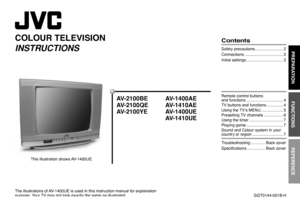 Page 9COLOUR TELEVISION
 
INSTRUCTIONSThe illustrations of AV-1400UE is used in this instruction manual for explanation 
purpose. Your TV may not look exactly the same as illustrated.This illustration shows AV-1400UE.
AV-2100BE
AV-2100QE
AV-2100YE
PREPARATIONFUNCTIONSREFERENCE
ContentsSafety precautions ......................... 2
Connections .................................. 3
Initial settings ................................. 3Remote control buttons 
and functions ................................. 4
TV...