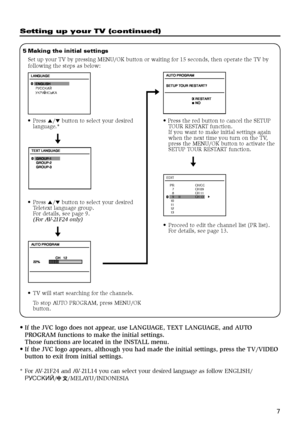 Page 77
Setting up your TV (continued)
5Making the initial settings
Set up your TV by pressing MENU/OK button or waiting for 15 seconds, then operate the TV by
following the steps as below:
  	

	
7

	 	
• Press the red button to cancel the SETUP
TOUR RESTART function.
If you want to make initial settings again
when the next time you turn on the TV,
press the MENU/OK button to activate the
SETUP TOUR RESTART function.
≠
EDIT
PR   CH/CC
 7   CH 09 
 8   CH 11
 9 CH 13 
 10  
 11...