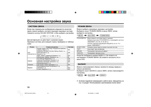 Page 1414СИСТЕМА ЗВУКАКогда при нормальном изображении ухудшается качество
звука, можно выбрать соответствующую звуковую систему.
Нажмите кнопку SOUND SYSTEM, чтобы выбрать настройку.
Данная функция не действует в режиме видео.
Звуковые системы для каждой страны приведены в таблице
ниже:Основная настройка звука
Регион Страна или регион Система
Бахрейн, Кувейт, Оман, Катар, Объединенные Арабские
Эмираты, Йемен и т. д.
B/G
Индонезия, Малайзия, Сингапур, Тайланд, Индия и т. д.
Азия,
КНР, Вьетнам и т. д. D/K...