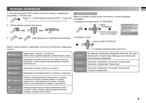 Page 9
9
С помощью функции ТЕКСТ можно смотреть каналы, передающиепрограммы с телетекстом.
1. Режим TV ➝ Режим двойного размера ТЕКСТА ➝ Режим TextTEXT
2.  Выбор других страниц Телетекста.
    или       или   
3. 
TEXT
   или   
TV/VIDEO
 чтобы вернуться к телевизионному режиму.
MENU������������������������������������������
�������������������������������������
��������������������
���������������� �����
��������������OK /     : �������
Можно также управлять функцией телетекста, используя следующие кнопки:...