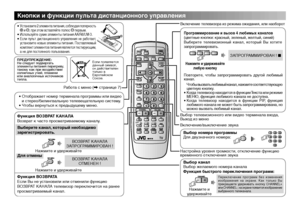 Page 6
6

Кнопки и функции пульта дистанционного управления
Включение телевизора из режима ожидания, или наоборот
Программирование и вызов 4 любимых каналов(цветные кнопки: красный, зеленый, желтый, синий)Выберите  телевизионный  канал,  который  Вы  хотите запрограммировать.
Выбор телевизионного или видео терминала входа, Выход из меню
Включение/выключение звука
Выбор номера программыДля двузначного номера:
Настройка уровня громкости, отключение функцию временного отключения звука
• Отображает номер терминала...