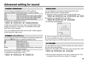 Page 1515
CINEMA SURROUNDYou can enjoy an enhanced sound for wider audience.
Press the CINEMA SURROUND button to select a setting.OFF Cancel the function.HIGH Listen to sound with more wider audience effect.LOW Listen to sound with less wider audience effect.MONO Listen to mono sound with stereo effect.To operate this function with a menu:
If slight volume distortion occurs when you select HIGH mode,
change the setting to LOW mode. The CINEMA SURROUND
effect will be less noticeable.
If you use CINEMA SURROUND...