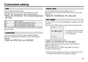 Page 1717
VNRYou can reduce the picture noise.
Select the VNR in the PICTURE FEATURES menu under
PICTURE menu, then choose a setting of VNR function.OFF VNR is turned off.AUTO Effect of VNR is automatically controlled.MIN Effect of VNR becomes minimum level.MAX Effect of VNR becomes maximum level.If you select MAX, the picture becomes softer even if the original
picture is sharp.LANGUAGEYou can choose your desired on screen display language.
Select the LANGUAGE in the INSTALL menu, then choose a...