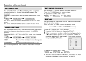 Page 1818
MENU
INSTALL menu
VIDEO-2 SETTING
❇AUTO SHUTOFFYou can set the TV to turn off automatically when no signal is
received for about 15 minutes or longer after the end of a
broadcast.
Select AUTO SHUTOFF in INSTALL menu, then choose ON or
OFF.
The AUTO SHUTOFF function does not turn off the TV’s main
power.
The AUTO SHUTOFF function is not available in video mode.VIDEO-2 SETTINGYou can set the VIDEO-2 SETTING according to the video signal
output from the external devices connected to the VIDEO-2...