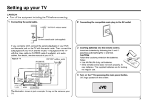 Page 77
1
Connecting the aerial cable.
If you connect a VCR, connect the aerial output jack of your VCR
and the aerial jack on the TV with the aerial cable. Then connect the
output jacks of your VCR and the VIDEO-1 input jacks of the TV
with the video cable (or S-VIDEO cable if available) and audio
cables. For details, see the manual of your VCR.
The illustration shown is just a sample. It may not be same as your
TV.
2
Connecting the compatible main plug to the AC outlet.
3
Inserting batteries into the remote...