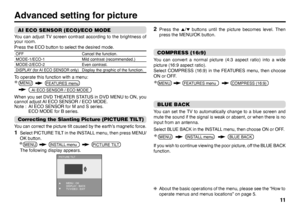 Page 3511
AI ECO SENSOR (ECO)/ECO MODEYou can adjust TV screen contrast according to the brightness of 
your room.
Press the ECO button to select the desired mode.OFF Cancel the function.
MODE-1/ECO-1 Mild contrast (recommended.)
MODE-2/ECO-2 Even contrast.DISPLAY (for AI ECO SENSOR only)
Display the graphic of the function.
To operate this function with a menu:
When you set DVD THEATER STATUS in DVD MENU to ON, you 
cannot adjust AI ECO SENSOR / ECO MODE.
Note :  AI ECO SENSOR for M and S series....