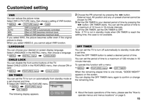 Page 1515
Customized settingVNRYou can reduce the picture noise.Select VNR in PICTURE menu, then choose a setting of VNR function.OFF VNR is turned off.
AUTO Effect of VNR is automatically controlled.
MIN Effect of VNR becomes minimum level.
MAX Effect of VNR becomes maximum level.If you select MAX, the picture becomes softer even if the original 
picture is sharp.
When you select VIDEO-2, you cannot adjust VNR function.LANGUAGEYou can choose your desired on screen display language.Select LANGUAGE in the...