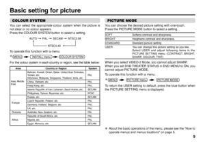 Page 559
COLOUR SYSTEMYou can select the appropriate colour system when the picture is 
not clear or no colour appears.
Press the COLOUR SYSTEM button to select a setting.
To operate this function with a menu:
For the colour system in each country or region, see the table below:
PICTURE MODEYou can choose the desired picture setting with one-touch. 
Press the PICTURE MODE button to select a setting.SOFT Softens contrast and sharpness.
BRIGHT Heightens contrast and sharpness.
STANDARD Standard picture setting....