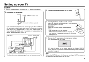 Page 77
2 Connecting the main plug to the AC outlet.
Setting up your TVCAUTION
•  Turn off the equipment including the TV before connecting.
VHF/UHF outdoor aerial
75-ohm coaxial cable (not supplied)
1 Connecting the aerial cable.
3 Inserting batteries into the remote control.
  Insert two batteries by following the + and - polarities 
and inserting the - end ﬁ rst.
 CAUTION:
  Follow the cautions printed on the batteries.
 Notes:
  •  Use AA/R6/UM-3 dry cell batteries.
  •  If the remote control does not work...