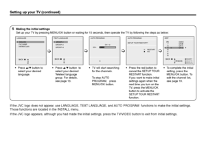 Page 885
Making the initial settings
Set up your TV by pressing MENU/OK button or waiting for 15 seconds, then operate the TV by following the steps as below:
•Press 5/∞ button to
select your desired
language.•Press 5/∞ button  to
select your desired
Teletext language
group. For details,
see page 13.•TV will start searching
for the channels.
To stop AUTO
PROGRAM,   press
MENU/OK button.•Press the red button to
cancel the SETUP TOUR
RESTART function.
If you want to make initial
settings again when the
next time...