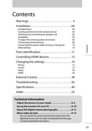 Page 1003
Contents
Contents
Warnings  . . . . . . . . . . . . . . . . . . . . . . . . . . . . . . . . . .  ii
Installation . . . . . . . . . . . . . . . . . . . . . . . . . . . . . . . . 04
Included items  04
Inserting batteries into the remote control  05
Attaching and connecting the speaker unit  05
Installation 05
To adjust the vertical position of monitor  06
Connecting external devices  08
Connecting the power cable/Turning on the power  10
Initial settings  10
Parts identification . . . . . . . . . . . ....