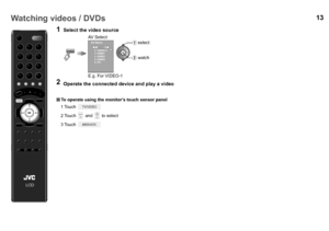 Page 1413Watching videos / DVDs
1Select the video source
2Operate the connected device and play a video
To operate using the monitor’s touch sensor panel
 1Touch 
 2 Touch   and   to select
 3Touch 
AV Select
VIDEO-1
VIDEO-2
HDMI1
HDMI2
HDMI3
PC
1
2
3
4
5
6
E.g. For VIDEO-1
B
watch
Aselect
T V/VIDEO
AV  S e l e c t
LCDLCD
T V/VIDEO
GD-463D10U_EN.book  Page 13  Monday, June 8, 2009  4:20 PM
 