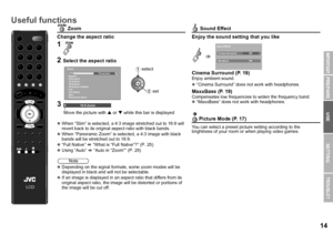 Page 1514
USE SETTING
TROUBLE?
PREPARE
IMPORTANT
Useful functions
 Zoom
Change the aspect ratio
z Depending on the signal formats, some zoom modes will be 
displayed in black and will not be selectable.
z If an image is displayed in an as pect ratio that differs from its 
original aspect ratio, the image wi ll be distorted or portions of 
the image will be cut off.
 Sound Effect
Enjoy the sound setting that you like
Cinema Surround (P. 19)
Enjoy ambient sound.
z “Cinema Surround” does not work with headphones....