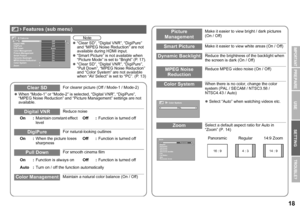 Page 1918
USE SETTING
TROUBLE?
PREPARE
IMPORTANT
Clear SDFor clearer picture (Off / Mode-1 / Mode-2)
z When “Mode-1” or “Mode-2” is selected, “Digital VNR”, “DigiPure”, 
“MPEG Noise Reduction” and “Pictu re Management” settings are not 
available.
Digital VNRReduce noise
On : Maintain constant effect 
level Off :
Function is turned off
DigiPureFor natural-looking outlines
On : When the picture loses 
sharpness Off :
Function is turned off
Pull DownFor smooth cinema film
On : Function is always on Off :Function...